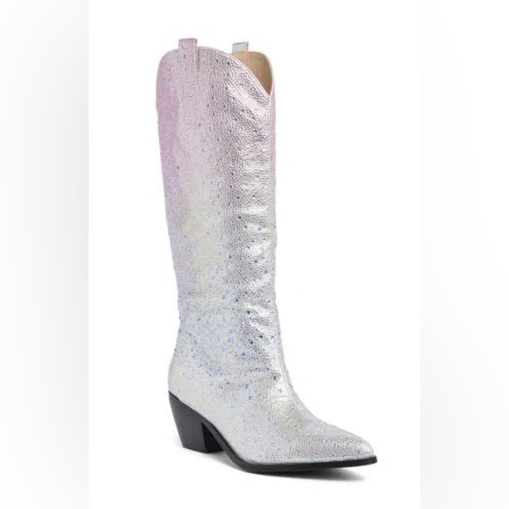 AZALEA WANG Almudena Glitter Western Boots Silver Glitter Women's Cowboy Boots